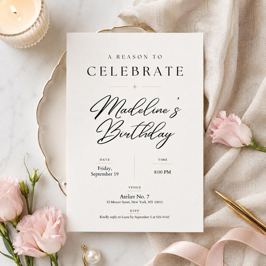 Editable Elegant Birthday Invitation Canva Template, Black White Chic Adult Cute Fun DIY Kids Teen Party Invite, Printable Digital Download.