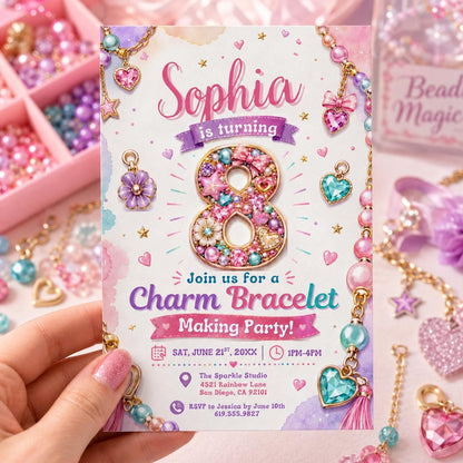Editable Charm Bracelet Making Birthday Invitation Canva Template, Cute Preppy Girls Teens Fun DIY Party Invite, Printable Digital Download.