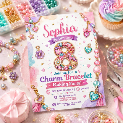 Editable Charm Bracelet Making Birthday Invitation Canva Template, Cute Preppy Girls Teens Fun DIY Party Invite, Printable Digital Download.