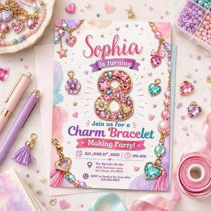 Editable Charm Bracelet Making Birthday Invitation Canva Template, Cute Preppy Girls Teens Fun DIY Party Invite, Printable Digital Download.