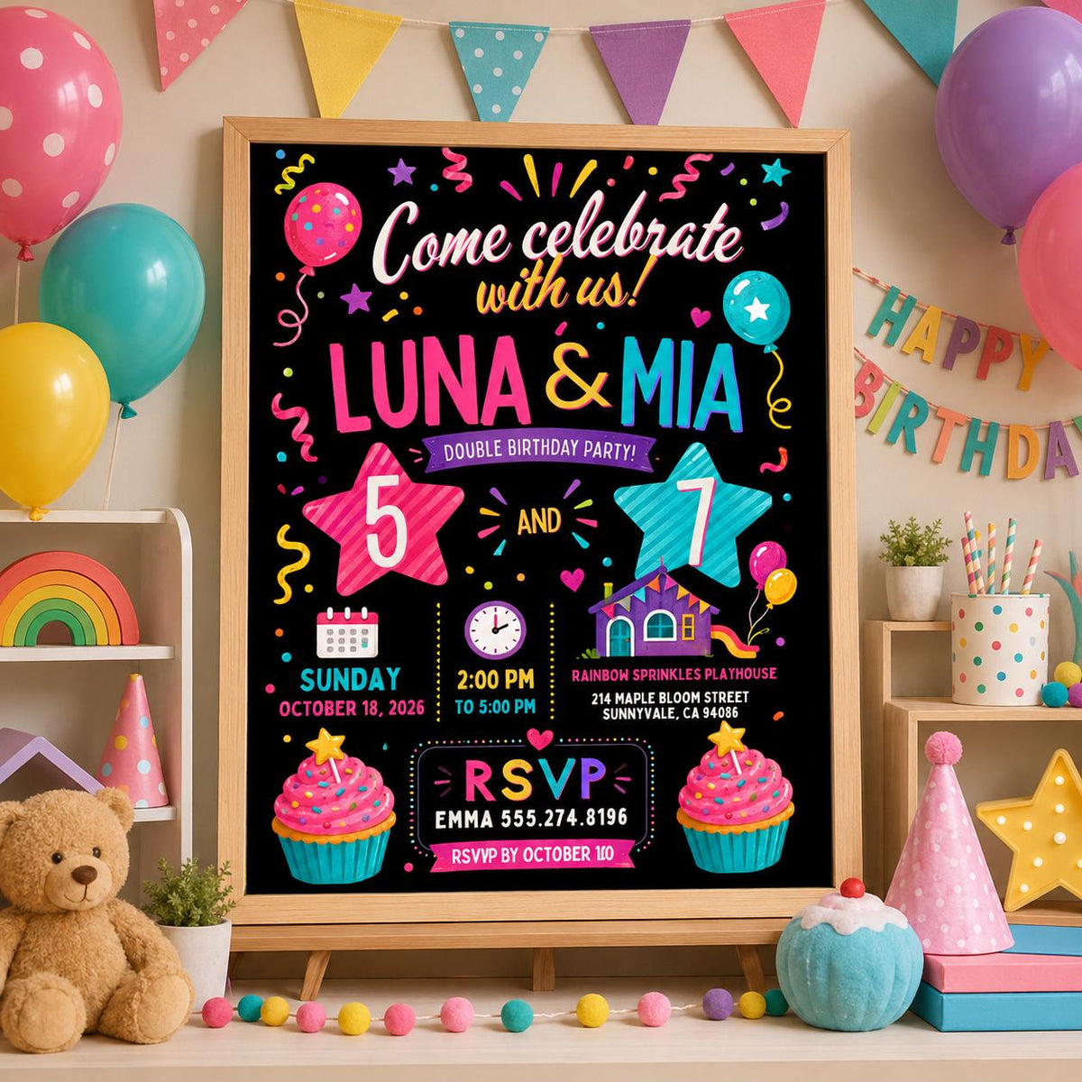 Editable Double Celebration Joint Birthday Invitation Canva Template, Kids Cute Fun DIY Sweet Chic Party Invite, Printable Digital Download.