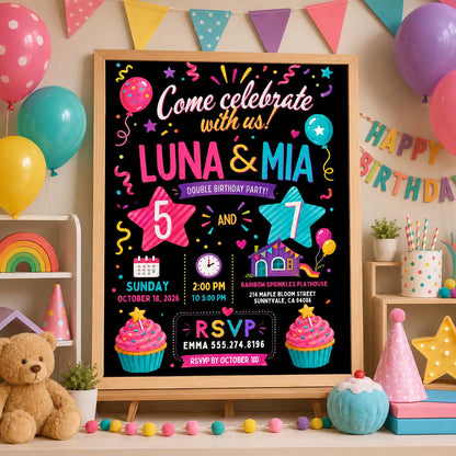 Editable Double Celebration Joint Birthday Invitation Canva Template, Kids Cute Fun DIY Sweet Chic Party Invite, Printable Digital Download.