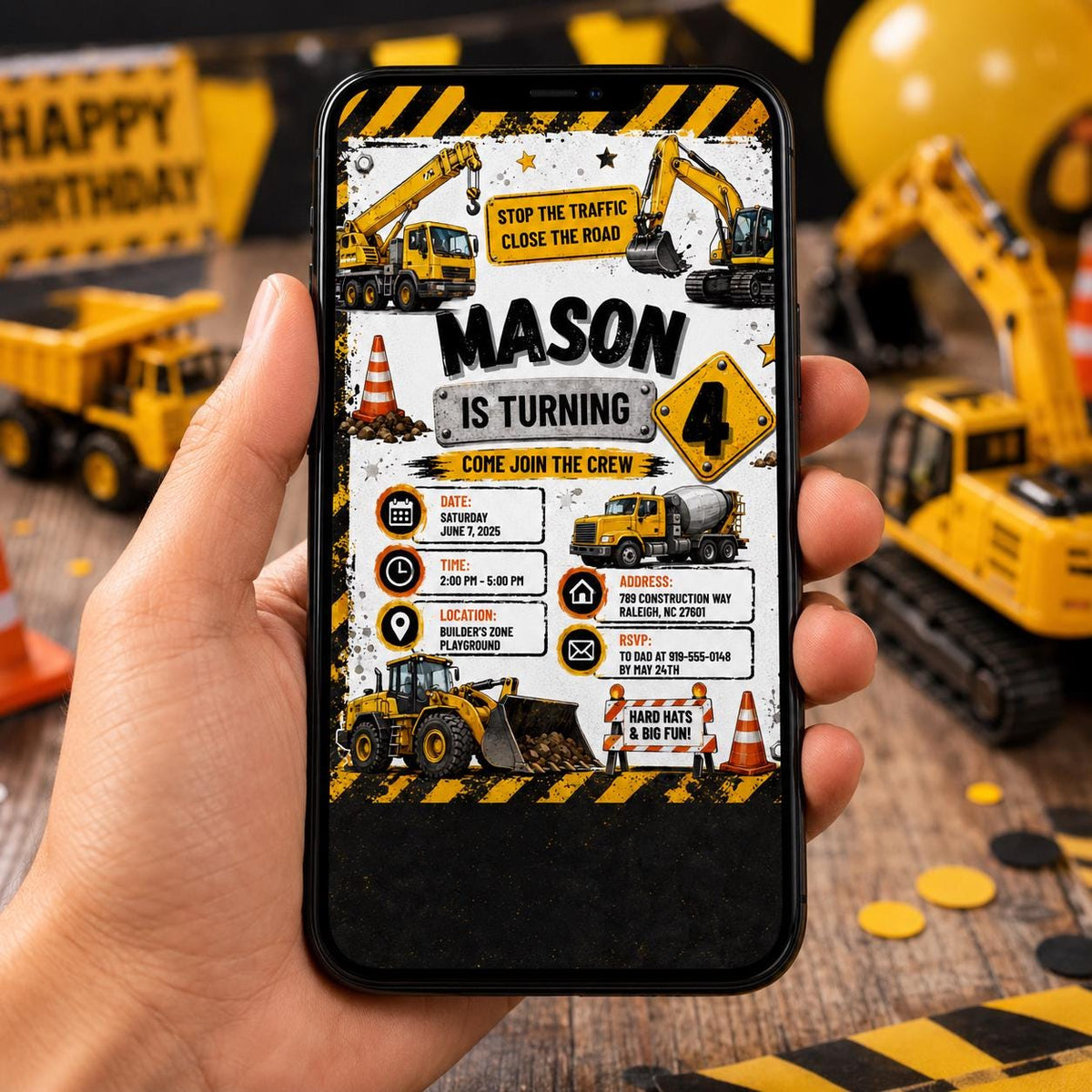 Editable Construction Birthday Invitation Canva Template, Black Yellow Boys Cute Fun DIY Chic Kids Party Invite, Printable Digital Download.