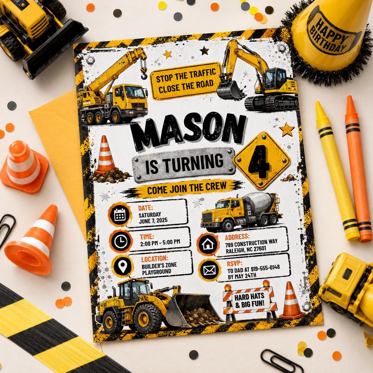 Editable Construction Birthday Invitation Canva Template, Black Yellow Boys Cute Fun DIY Chic Kids Party Invite, Printable Digital Download.