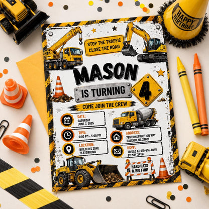 Editable Construction Birthday Invitation Canva Template, Black Yellow Boys Cute Fun DIY Chic Kids Party Invite, Printable Digital Download.