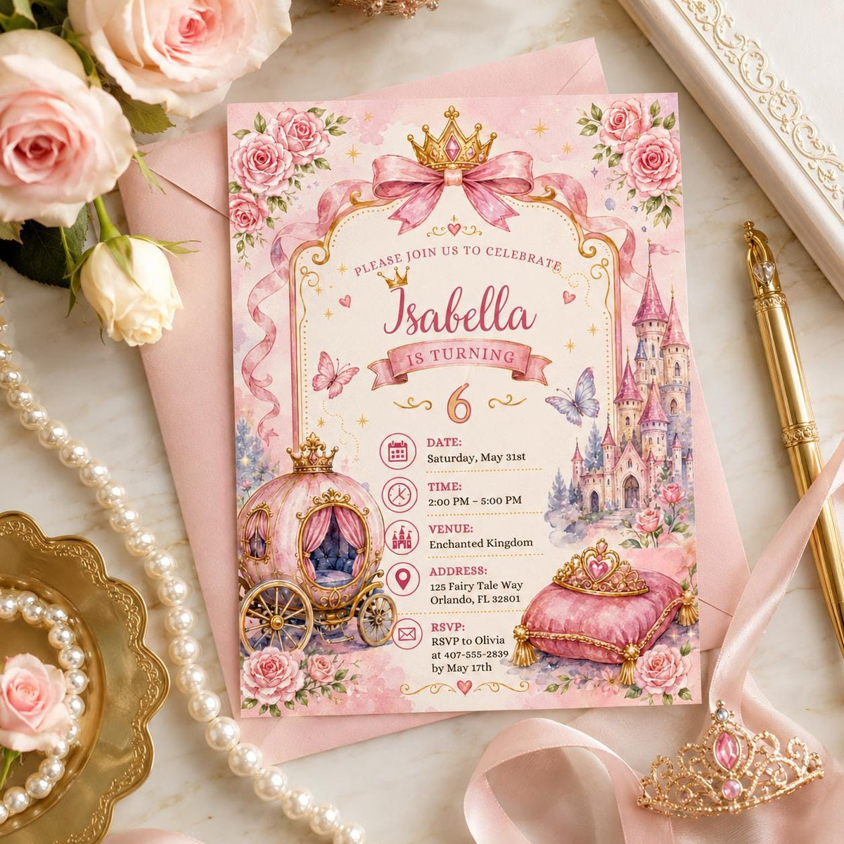 Editable Princess Birthday Invitation Canva Template, Pink Gold Girls Kids Cute Fun DIY Sweet Chic Party Invite, Printable Digital Download.