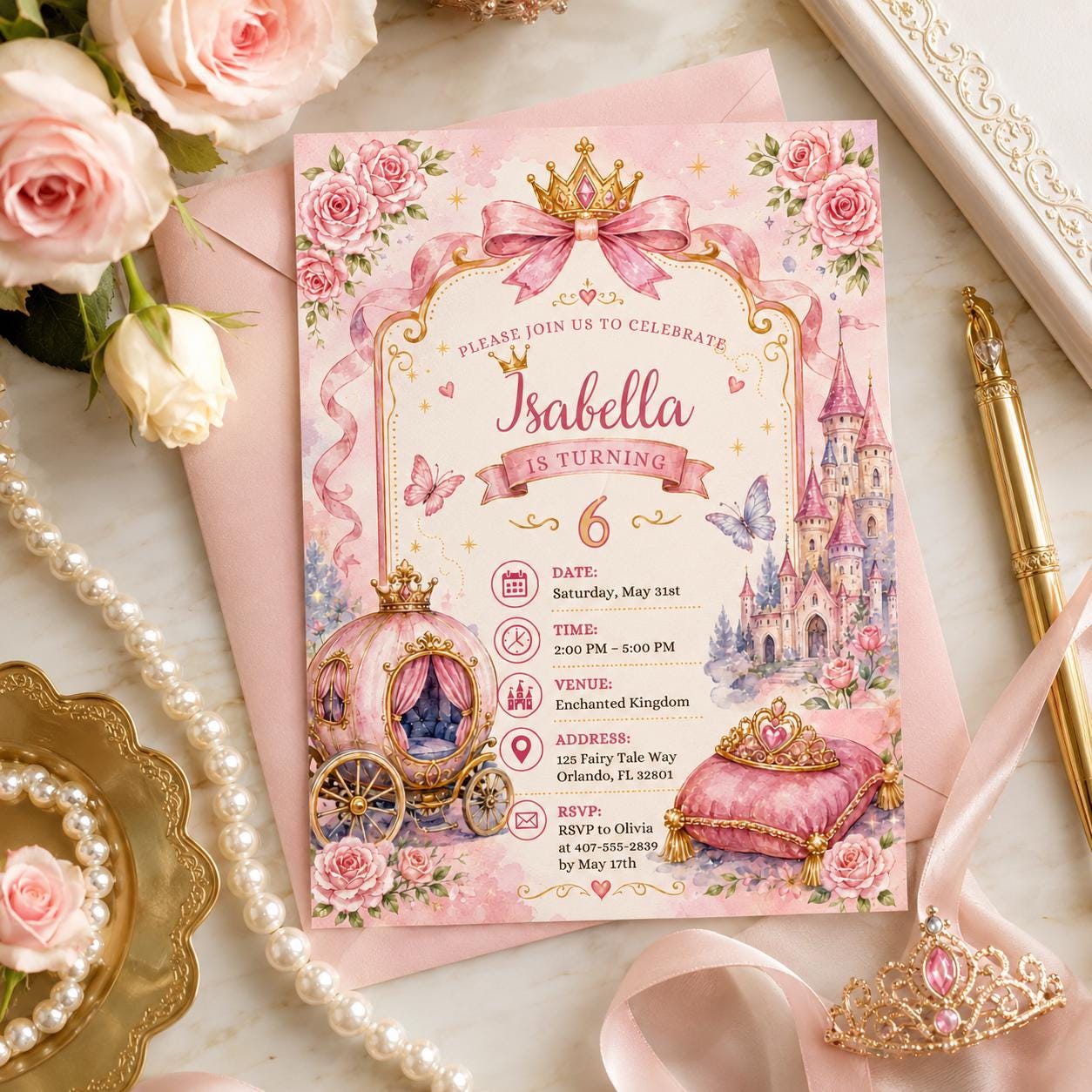 Editable Princess Birthday Invitation Canva Template, Pink Gold Girls Kids Cute Fun DIY Sweet Chic Party Invite, Printable Digital Download.