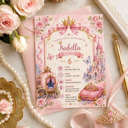 Editable Princess Birthday Invitation Canva Template, Pink Gold Girls Kids Cute Fun DIY Sweet Chic Party Invite, Printable Digital Download.