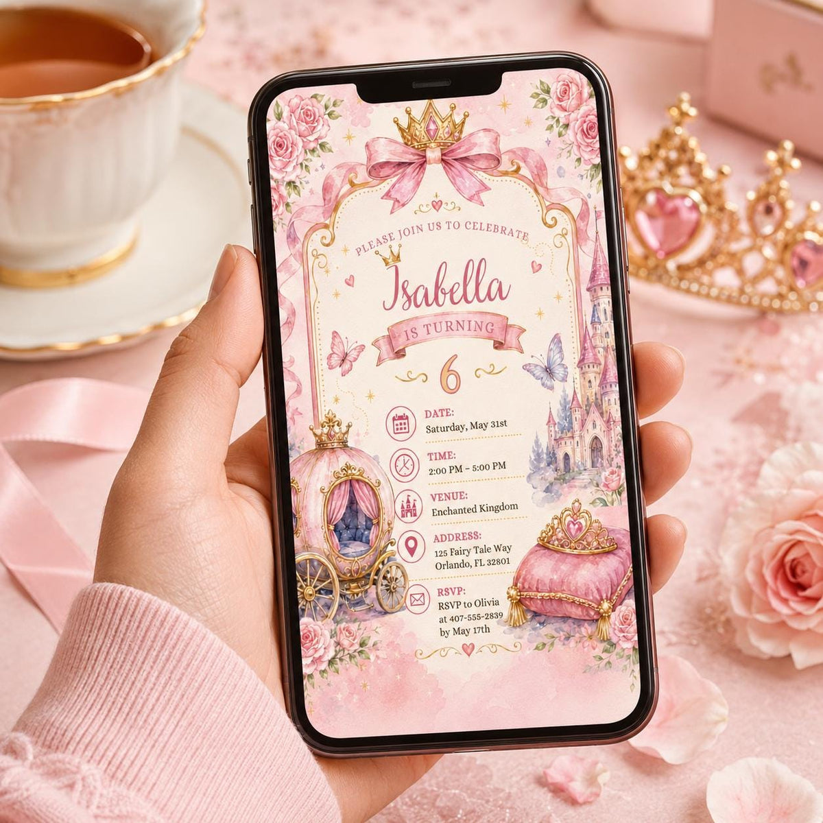 Editable Princess Birthday Invitation Canva Template, Pink Gold Girls Kids Cute Fun DIY Sweet Chic Party Invite, Printable Digital Download.