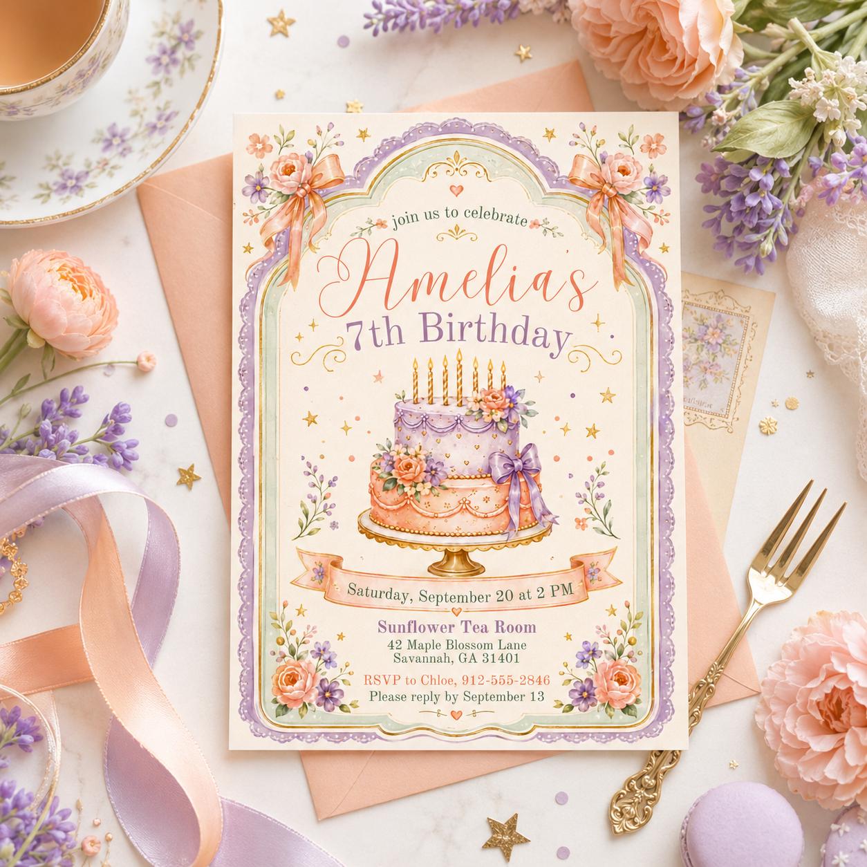 Editable Pink Bow Birthday Invitation Canva Template, Blush Luxury Bow Cute Fun DIY Chic Kids Teen Party Invite, Printable Digital Download.