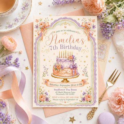Editable Pink Bow Birthday Invitation Canva Template, Blush Luxury Bow Cute Fun DIY Chic Kids Teen Party Invite, Printable Digital Download.