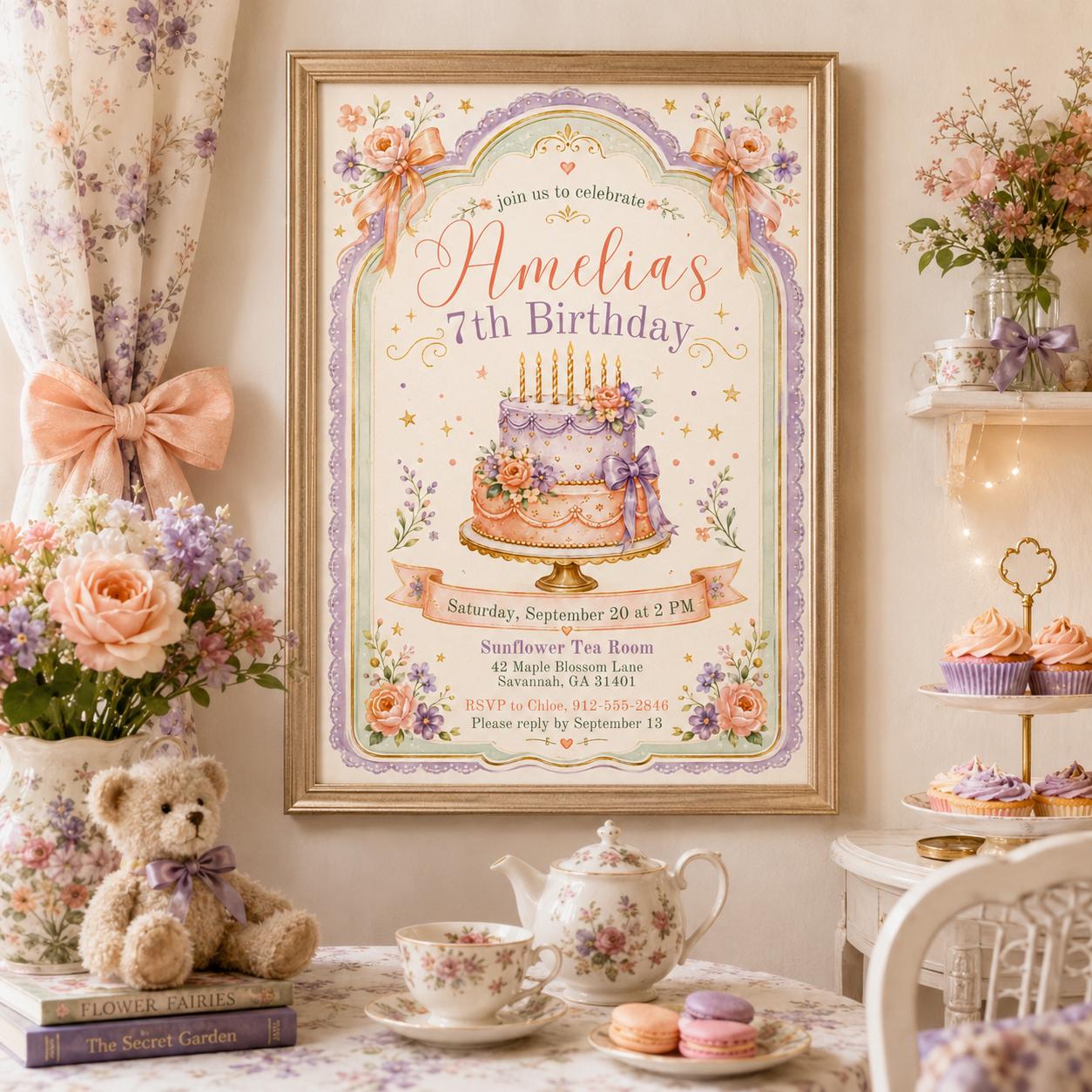 Editable Pink Bow Birthday Invitation Canva Template, Blush Luxury Bow Cute Fun DIY Chic Kids Teen Party Invite, Printable Digital Download.
