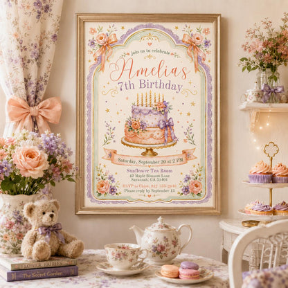 Editable Pink Bow Birthday Invitation Canva Template, Blush Luxury Bow Cute Fun DIY Chic Kids Teen Party Invite, Printable Digital Download.