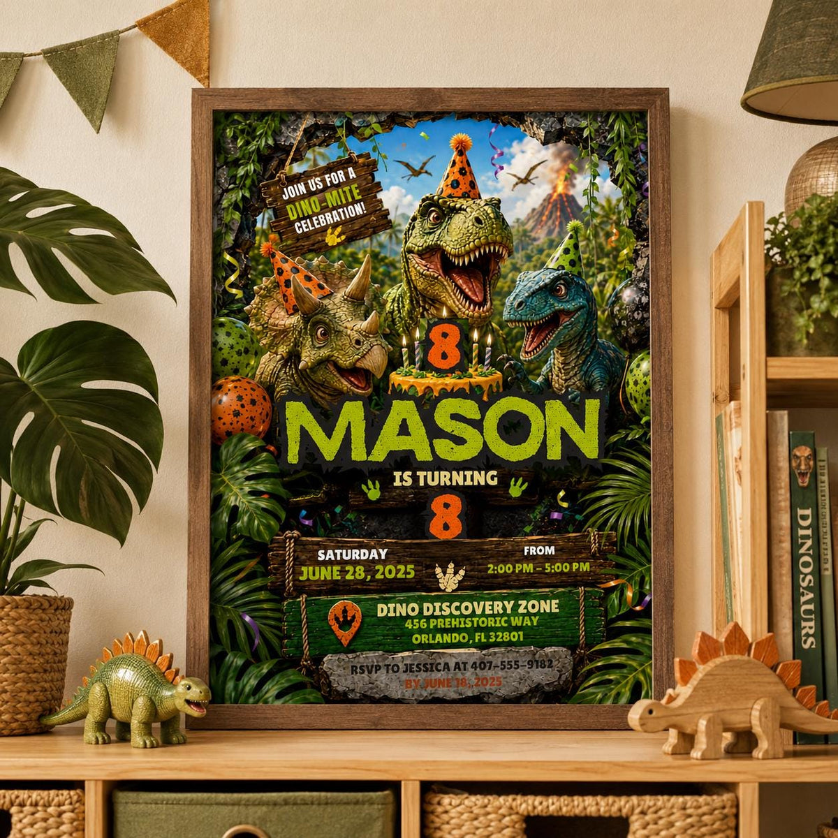 Editable Dinosaur Birthday Invitation Canva Template, Boys Kids Dino Cute Modern Fun DIY Chic Teen Party Invite, Printable Digital Download.
