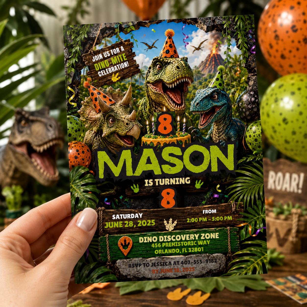 Editable Dinosaur Birthday Invitation Canva Template, Boys Kids Dino Cute Modern Fun DIY Chic Teen Party Invite, Printable Digital Download.