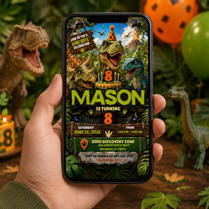 Editable Dinosaur Birthday Invitation Canva Template, Boys Kids Dino Cute Modern Fun DIY Chic Teen Party Invite, Printable Digital Download.