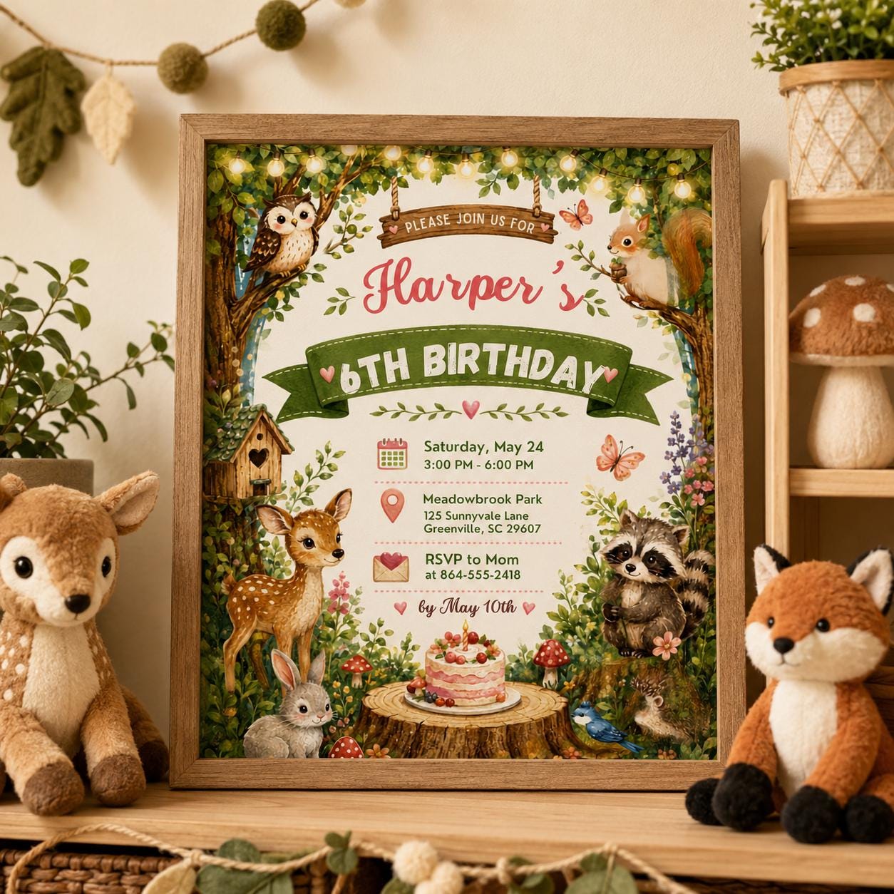 Editable Woodland Birthday Invitation Canva Template, Cute Girls Kids Forest Modern Fun Themed DIY Party Invite, Printable Digital Download.