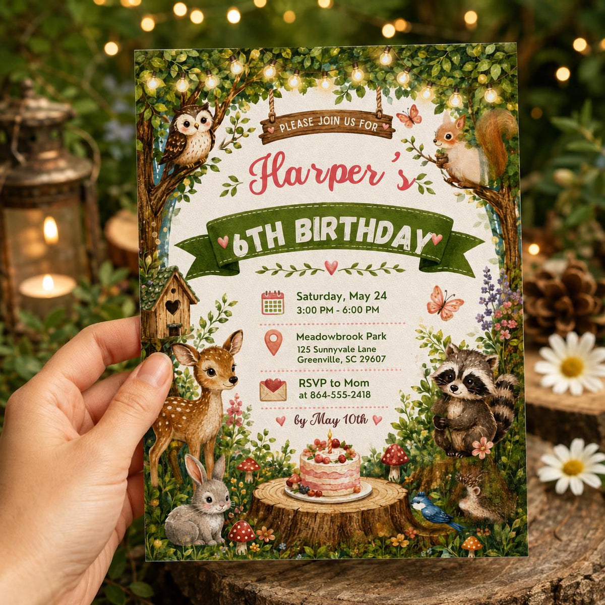 Editable Woodland Birthday Invitation Canva Template, Cute Girls Kids Forest Modern Fun Themed DIY Party Invite, Printable Digital Download.