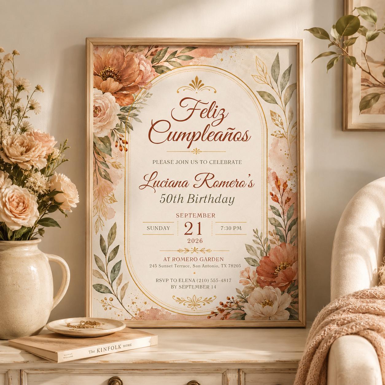 Editable Floral Birthday Invitation Canva Template, Luxury Boho Girls Adult Cute Fun DIY Chic Kids Party Invite, Printable Digital Download.
