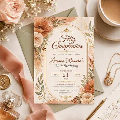 Editable Floral Birthday Invitation Canva Template, Luxury Boho Girls Adult Cute Fun DIY Chic Kids Party Invite, Printable Digital Download.