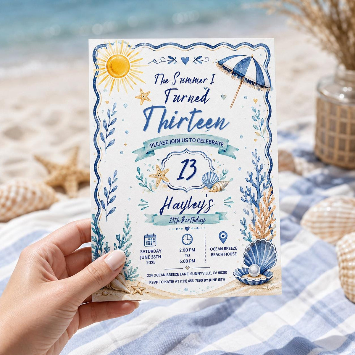 Editable Coastal Birthday Invitation Canva Template, Beach Cute Fun DIY Sweet Chic Kids Teen Tween Party Invite, Printable Digital Download.