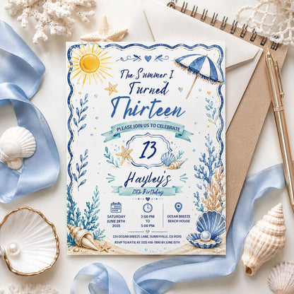 Editable Coastal Birthday Invitation Canva Template, Beach Cute Fun DIY Sweet Chic Kids Teen Tween Party Invite, Printable Digital Download.