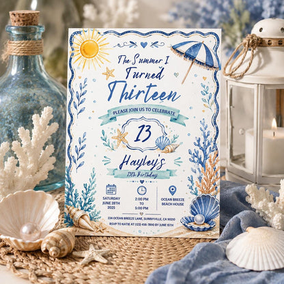 Editable Coastal Birthday Invitation Canva Template, Beach Cute Fun DIY Sweet Chic Kids Teen Tween Party Invite, Printable Digital Download.