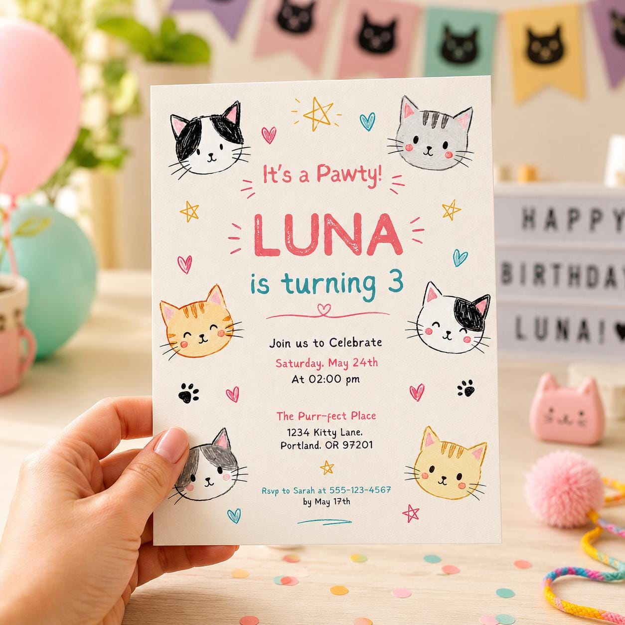 Editable Cute Kitty Birthday Invitation Canva Template, Kitty Cute Modern Fun Themed DIY Chic Kids Party Invite, Printable Digital Download.