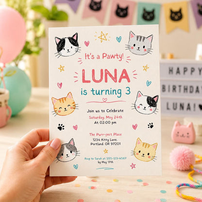 Editable Cute Kitty Birthday Invitation Canva Template, Kitty Cute Modern Fun Themed DIY Chic Kids Party Invite, Printable Digital Download.