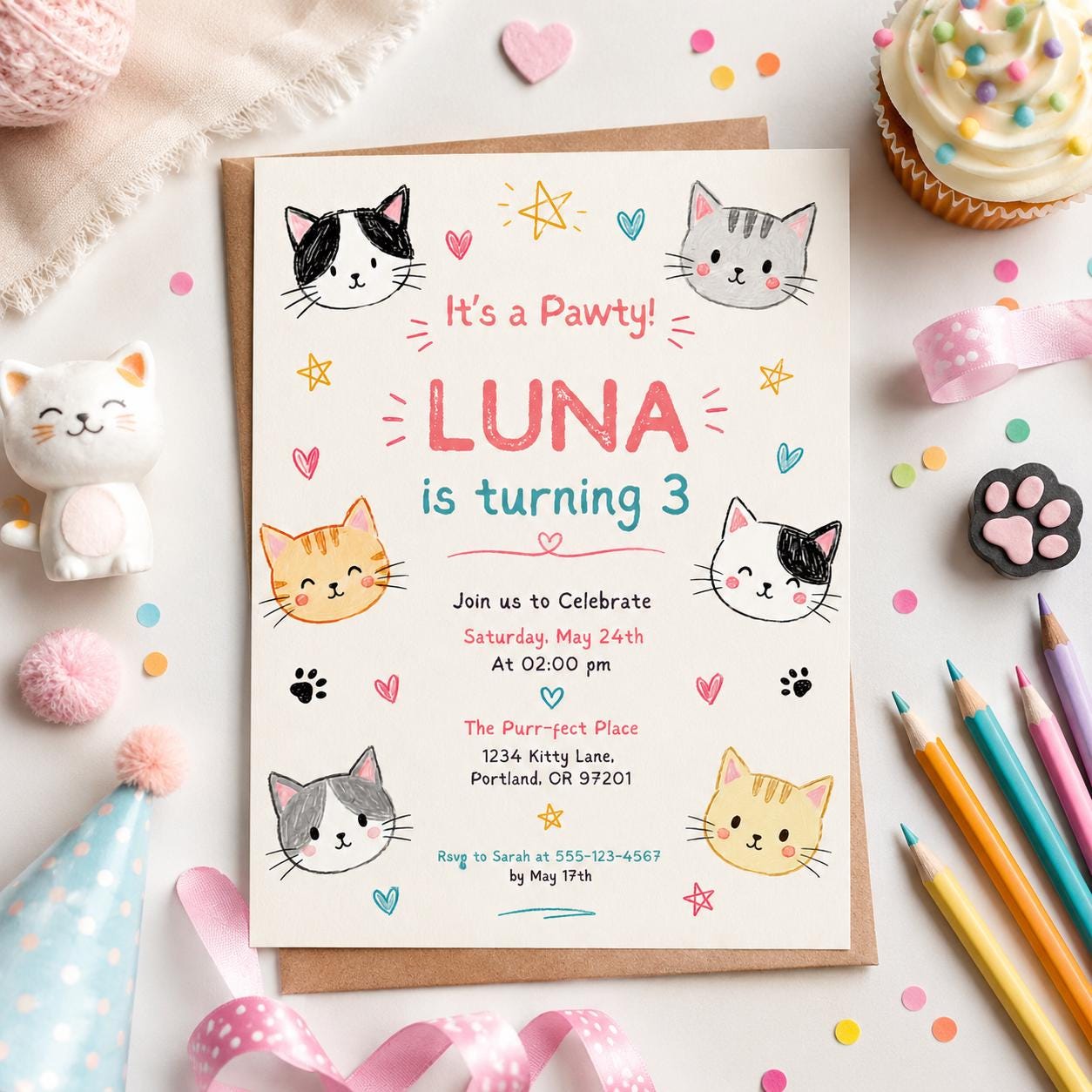 Editable Cute Kitty Birthday Invitation Canva Template, Kitty Cute Modern Fun Themed DIY Chic Kids Party Invite, Printable Digital Download.