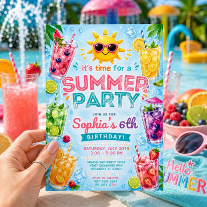 Editable Summer Birthday Invitation Canva Template, Pastel Kids Cute Fun DIY Sweet Chic Teen Tween Party Invite, Printable Digital Download.
