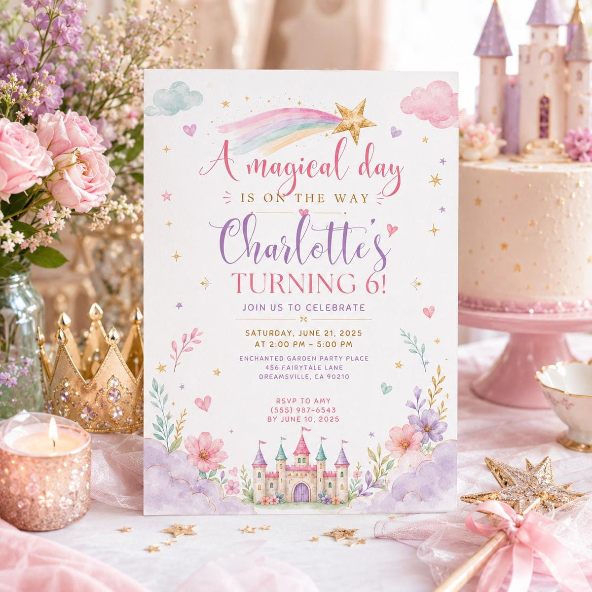 Editable Princess Birthday Invitation Canva Template, Pastel Girls Cute Modern Fun Themed DIY Chic Party Invite, Printable Digital Download.