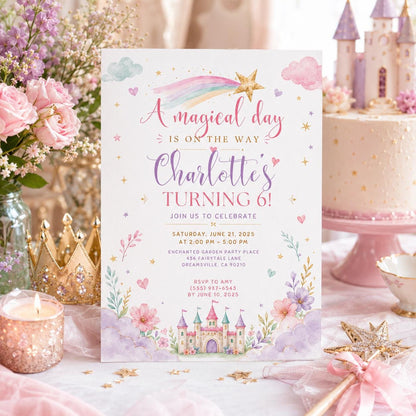 Editable Princess Birthday Invitation Canva Template, Pastel Girls Cute Modern Fun Themed DIY Chic Party Invite, Printable Digital Download.
