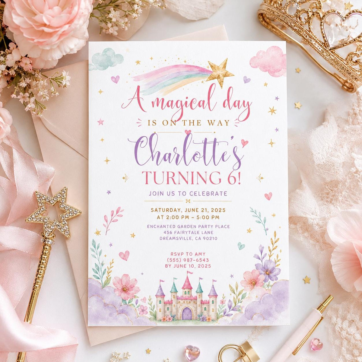 Editable Princess Birthday Invitation Canva Template, Pastel Girls Cute Modern Fun Themed DIY Chic Party Invite, Printable Digital Download.