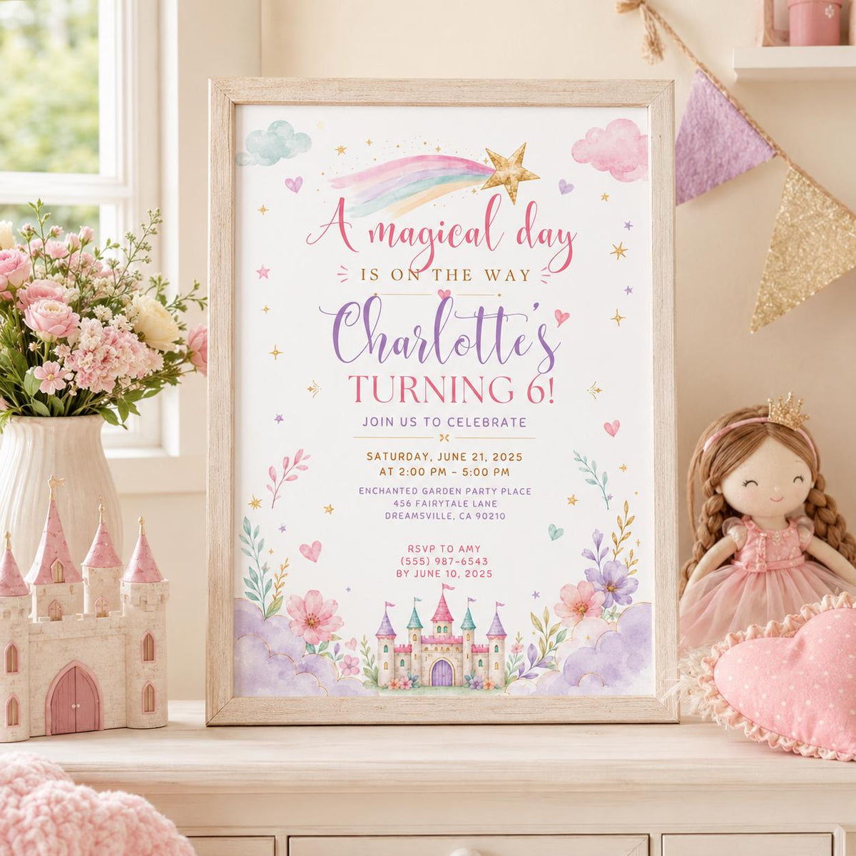 Editable Princess Birthday Invitation Canva Template, Pastel Girls Cute Modern Fun Themed DIY Chic Party Invite, Printable Digital Download.