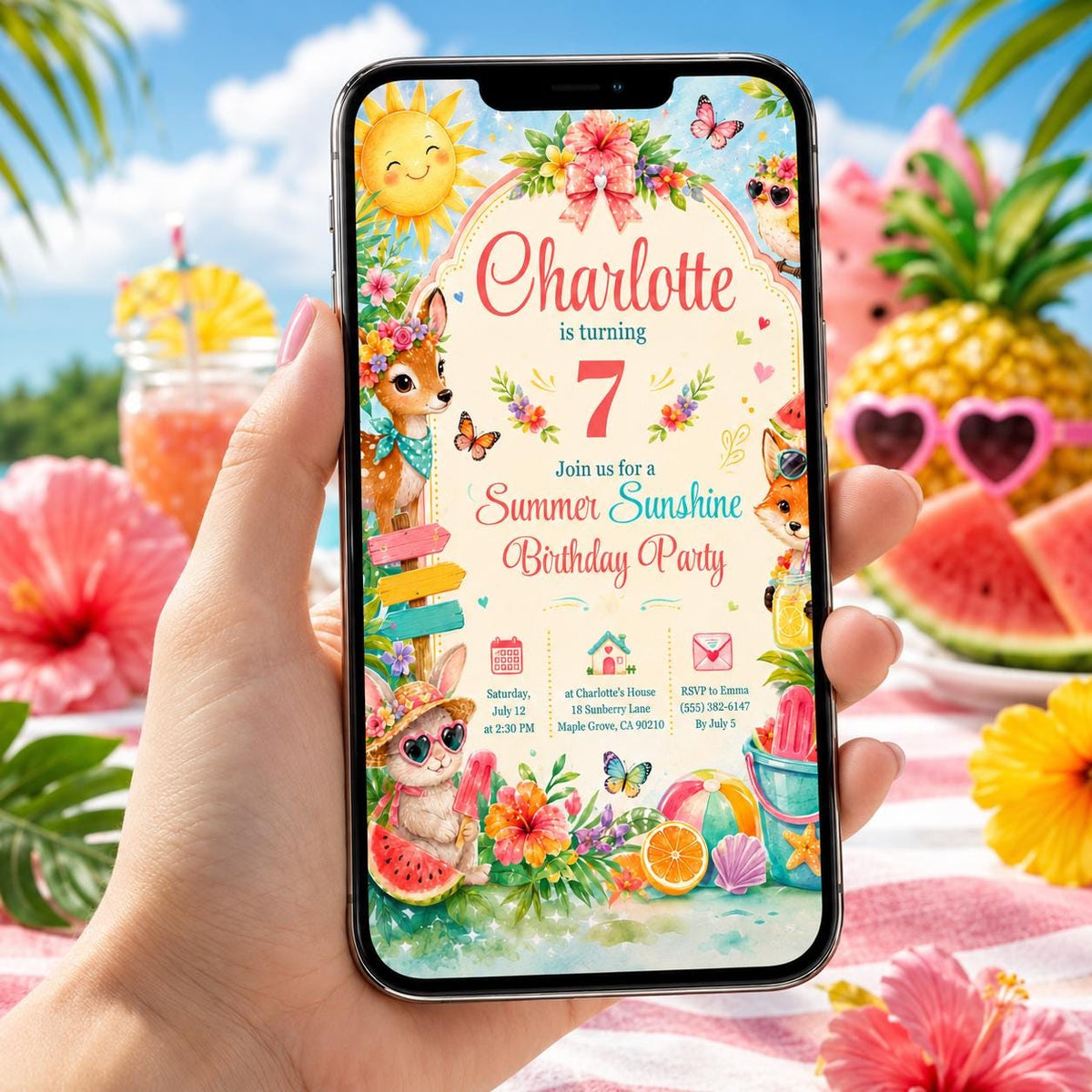 Editable Summer Birthday Invitation Canva Template, Pastel Kids Cute Fun DIY Sweet Chic Teen Tween Party Invite, Printable Digital Download.