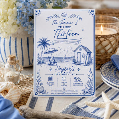 Editable Coastal Birthday Invitation Canva Template, Beach Cute Fun DIY Sweet Chic Kids Teen Tween Party Invite, Printable Digital Download.