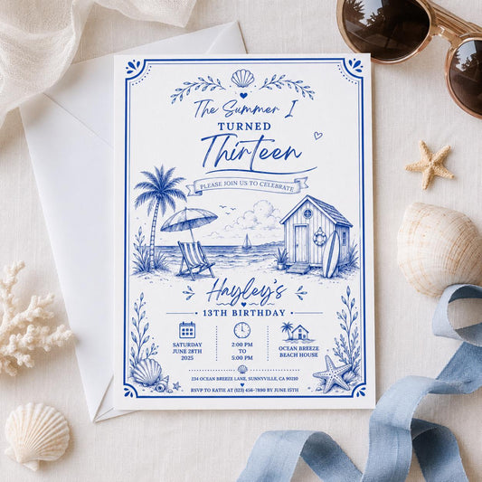 Editable Coastal Birthday Invitation Canva Template, Beach Cute Fun DIY Sweet Chic Kids Teen Tween Party Invite, Printable Digital Download.