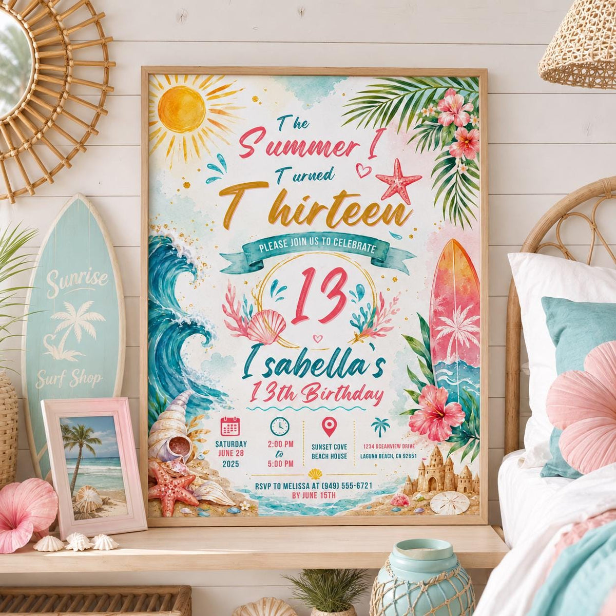 Editable Coastal Birthday Invitation Canva Template, Beach Cute Fun DIY Sweet Chic Kids Teen Tween Party Invite, Printable Digital Download.