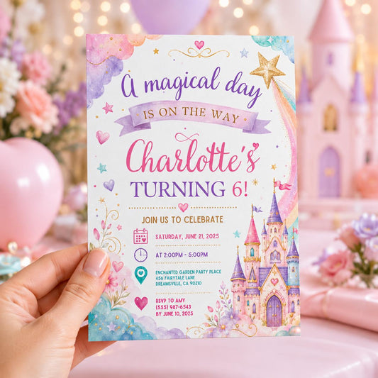 Editable Princess Birthday Invitation Canva Template, Pastel Girls Cute Modern Fun Themed DIY Chic Party Invite, Printable Digital Download.