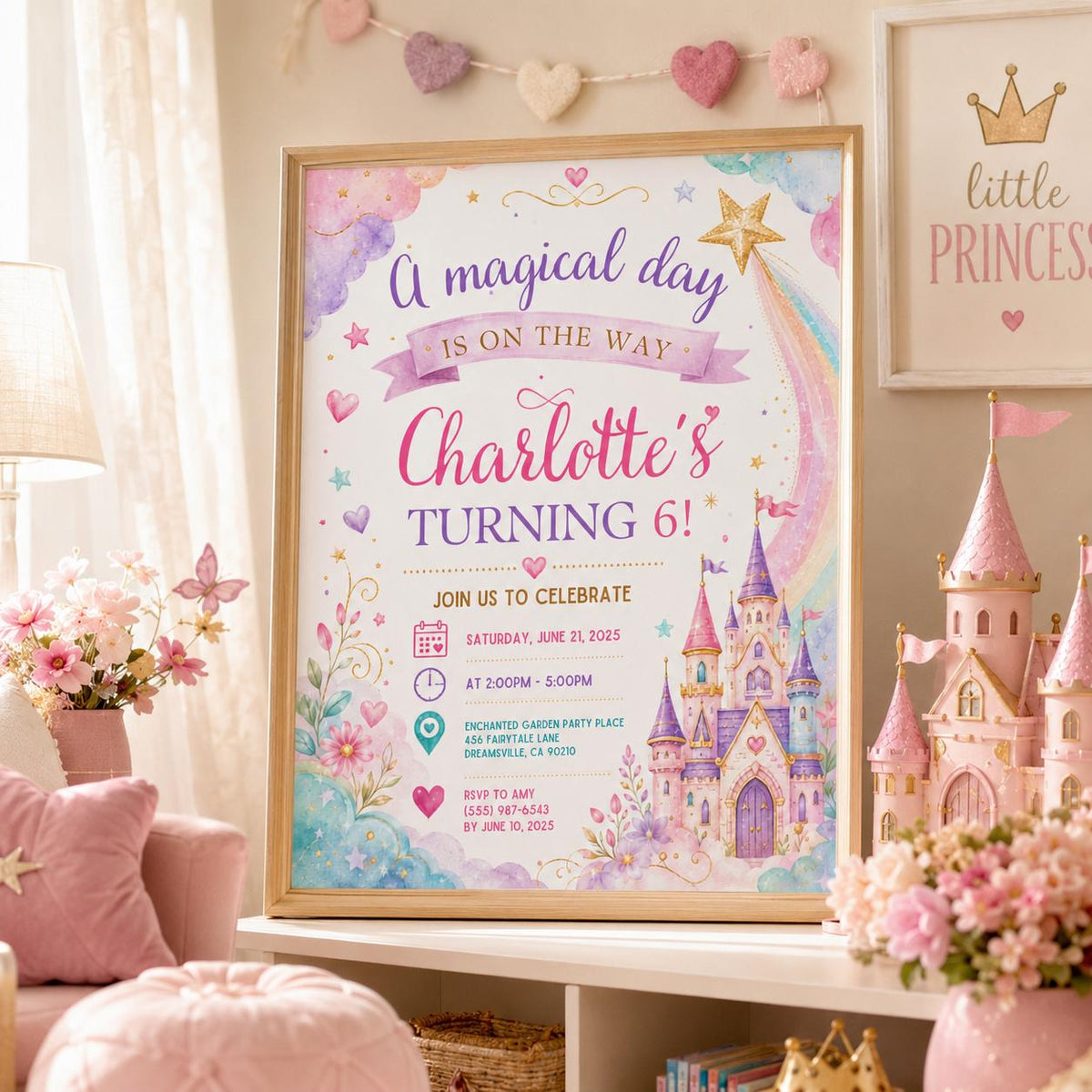 Editable Princess Birthday Invitation Canva Template, Pastel Girls Cute Modern Fun Themed DIY Chic Party Invite, Printable Digital Download.