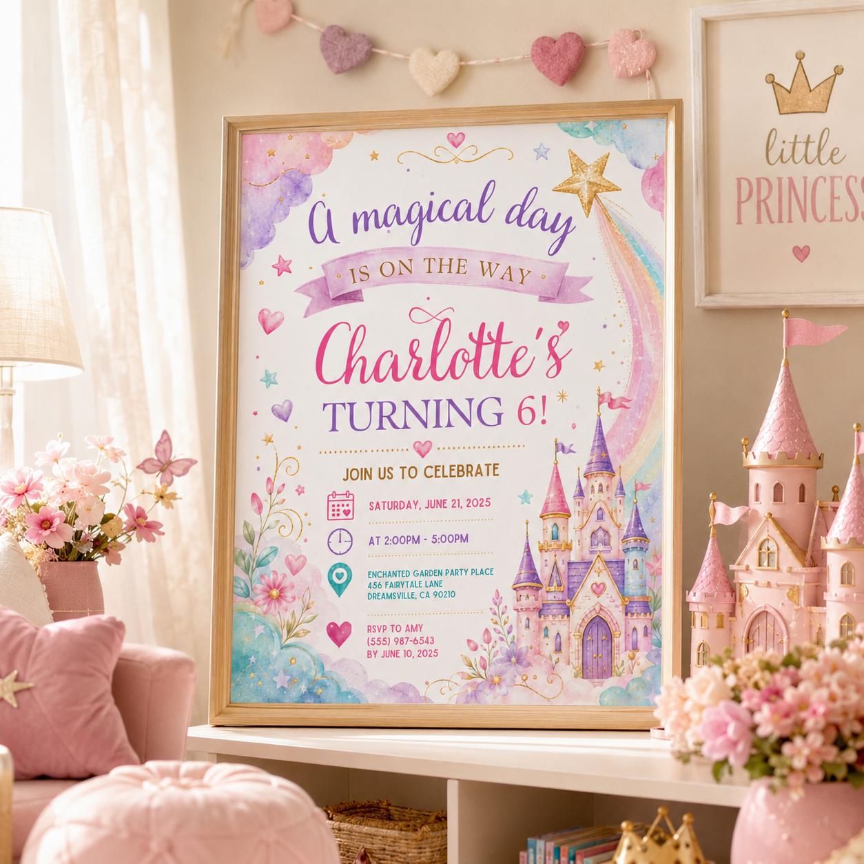Editable Princess Birthday Invitation Canva Template, Pastel Girls Cute Modern Fun Themed DIY Chic Party Invite, Printable Digital Download.