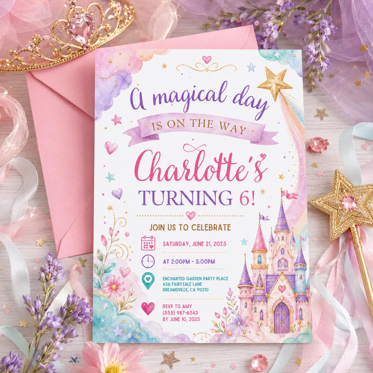 Editable Princess Birthday Invitation Canva Template, Pastel Girls Cute Modern Fun Themed DIY Chic Party Invite, Printable Digital Download.