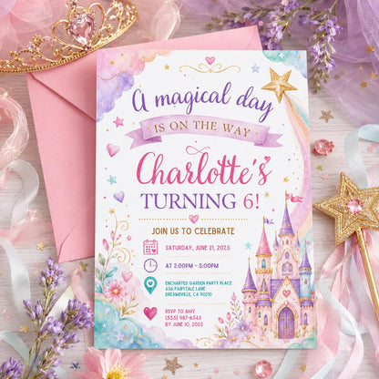 Editable Princess Birthday Invitation Canva Template, Pastel Girls Cute Modern Fun Themed DIY Chic Party Invite, Printable Digital Download.