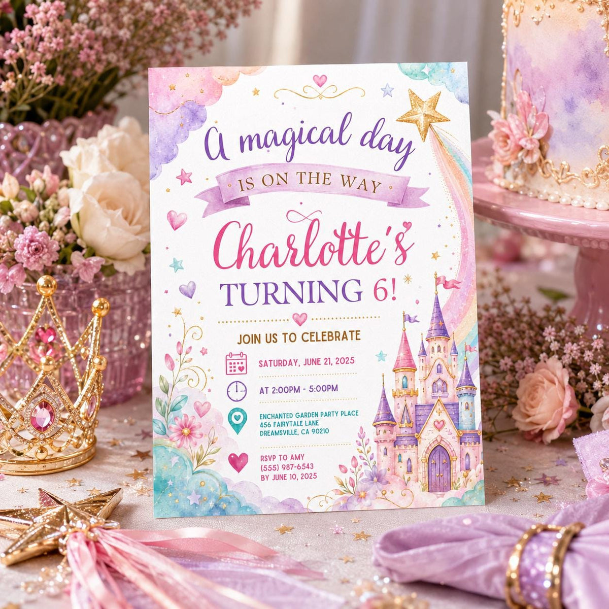 Editable Princess Birthday Invitation Canva Template, Pastel Girls Cute Modern Fun Themed DIY Chic Party Invite, Printable Digital Download.
