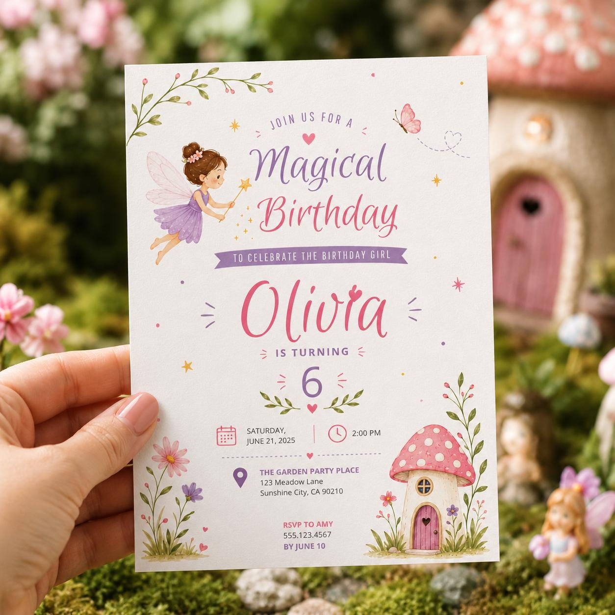 Editable Fairy Garden Birthday Invitation Canva Template, Girls Kids Fairy Cute Fun DIY Sweet Chic Party Invite, Printable Digital Download.