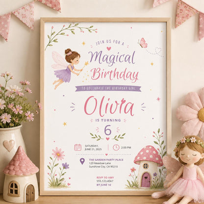 Editable Fairy Garden Birthday Invitation Canva Template, Girls Kids Fairy Cute Fun DIY Sweet Chic Party Invite, Printable Digital Download.