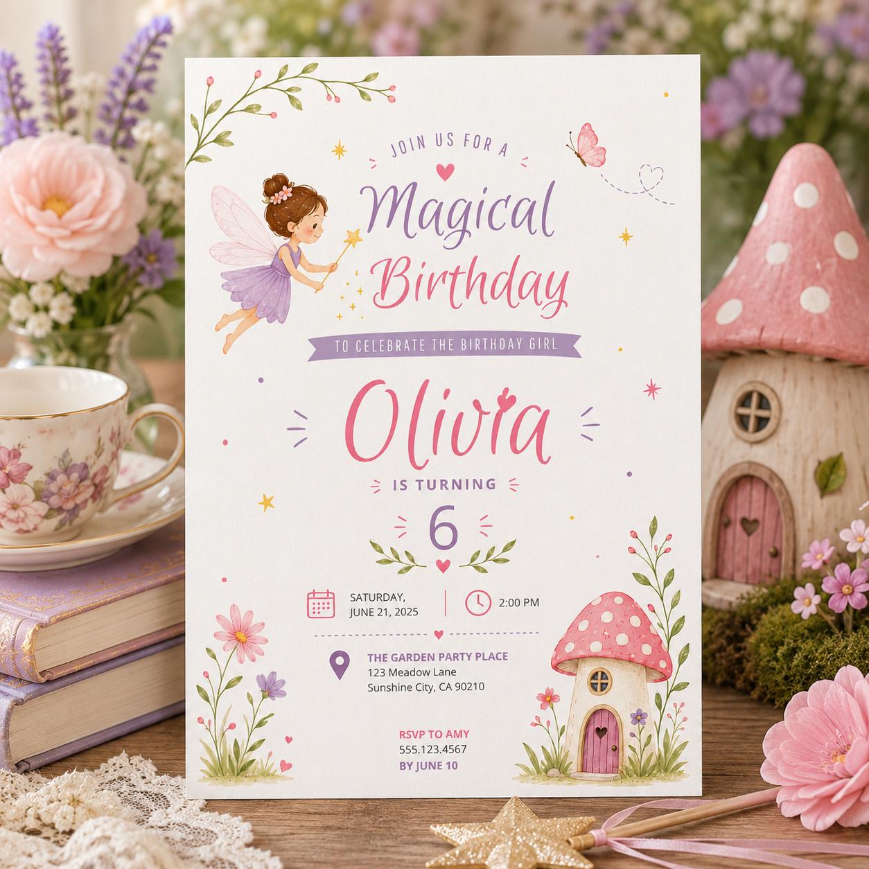 Editable Fairy Garden Birthday Invitation Canva Template, Girls Kids Fairy Cute Fun DIY Sweet Chic Party Invite, Printable Digital Download.