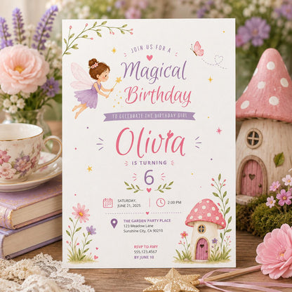 Editable Fairy Garden Birthday Invitation Canva Template, Girls Kids Fairy Cute Fun DIY Sweet Chic Party Invite, Printable Digital Download.
