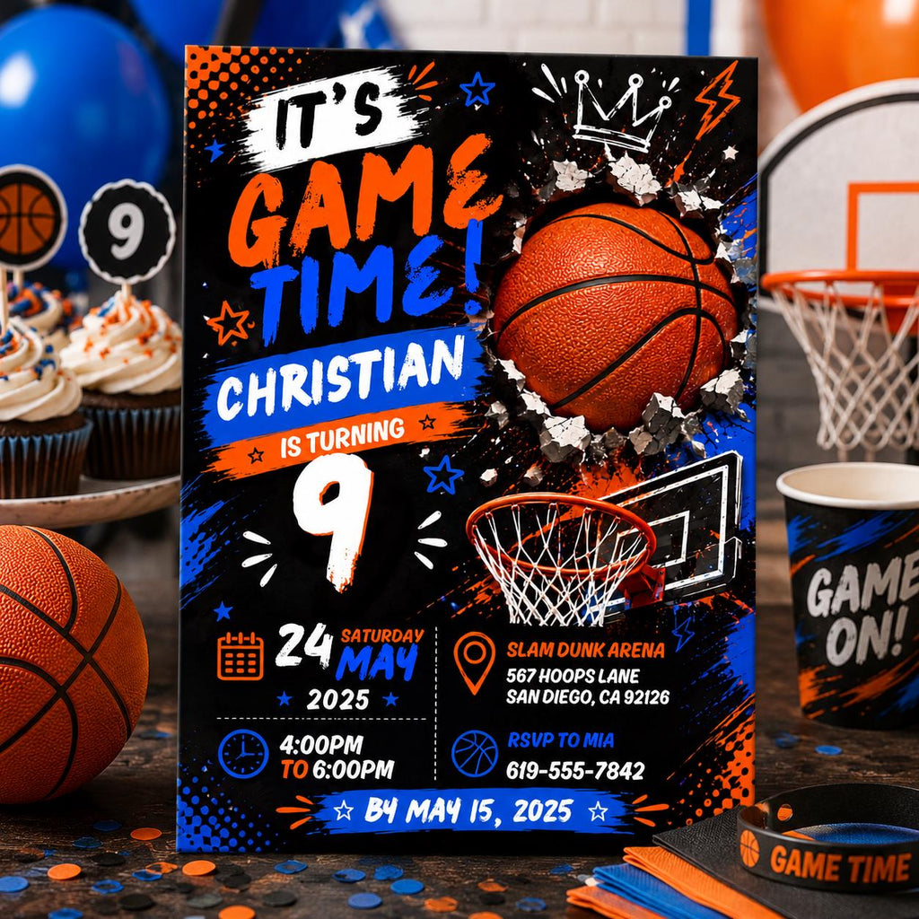 Editable Basketball Birthday Invitation Canva Template, Boys Kids Sports Sport Cute Modern Fun DIY Party Invite, Printable Digital Download.